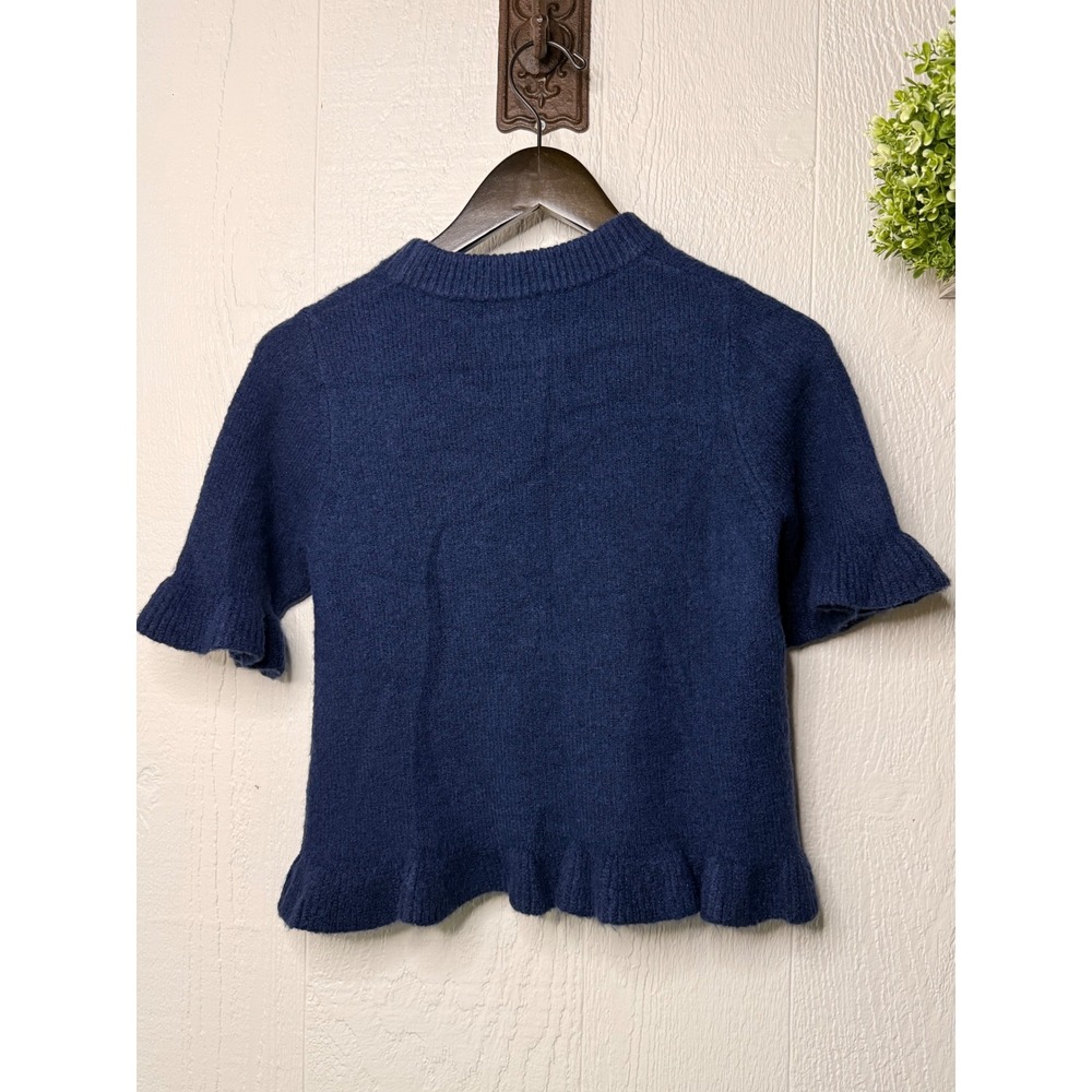 Ruffle Detail Tee Pullover Dark Blue Short Sleeve Knit Sweater NWOT